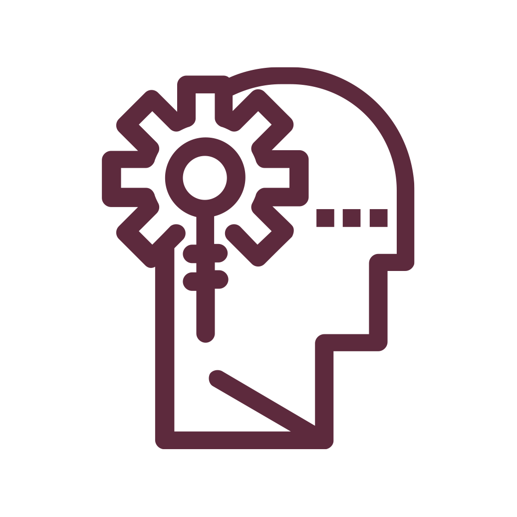 Icon of a person's head with a gear next to it, representing thought
